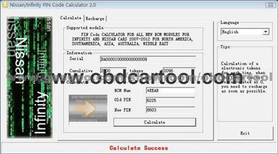 Auto Software Tool Nissan Infiniti Pin Code Caculator V2.0