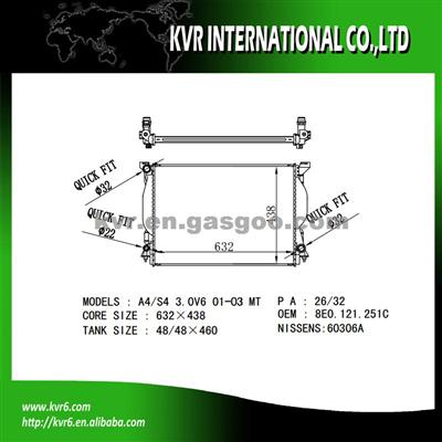 High Performance Auto Radiator For AUDI A4 Ⅱ 3.0 I V6 OEM 8E0121251C