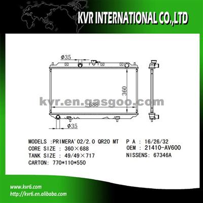 Aftermarket Radiator For NISSAN PRIMERA P12 2.0 16V OEM 21410-AV600