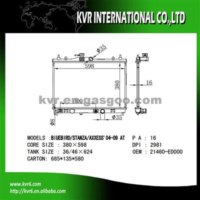 Aluminum Car Radiator For NISSAN BLUEBIRD/STANZA/AXXESS OEM 21460-ED000
