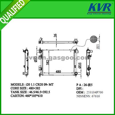 Radiator Manufacturer FOR HYUNDAI I20 1.4 CRDI 09- OEM 253104P700