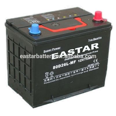 High performance 80d26l mf car battery 12v 75Ah rechargeable battery