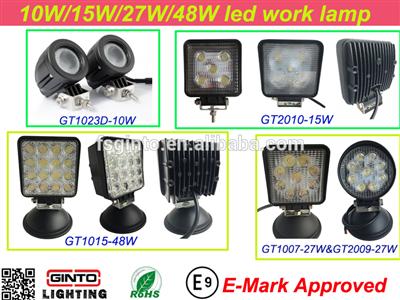 Waterproof 10V-30V 10w/15w/27w/48w offroad led work lights with E-mark approved