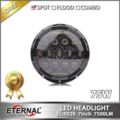 7 inch 75W led headlight for jeep wrangler rubicon off road with dual beam H4 plug halo angel eyes ring