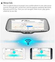 Mirror Link rear view mirror monitor with navigation app synchronization with IOS/Android device and backup camera display