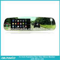 4.3 inch frameless Mirror Link rear view mirror monitor with Two video inputs and reversing camera display