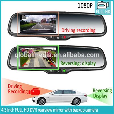 4.3 inch car dvr rear view mirror with 1080P reverse camera display, G-sensor, auto-dimming