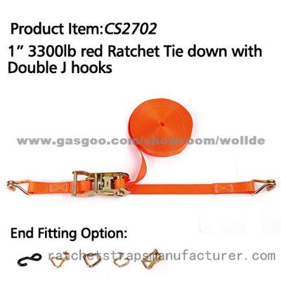 CS2702 1“ 3300lbs Red Ratchet Tie Down With Double J Hooks