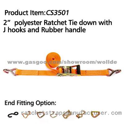 CS3501 2*Polyester Ratchet Tie Down With J Hooks And Rubber Handle