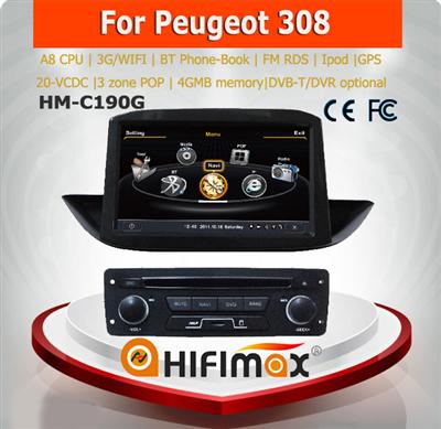 Hifimax car navigation FOR PEUGEOT 308 (2012-2013) WITH A8 CHIPSET DUAL CORE 1080P V-20 DISC WIFI 3G INTERNET DVR