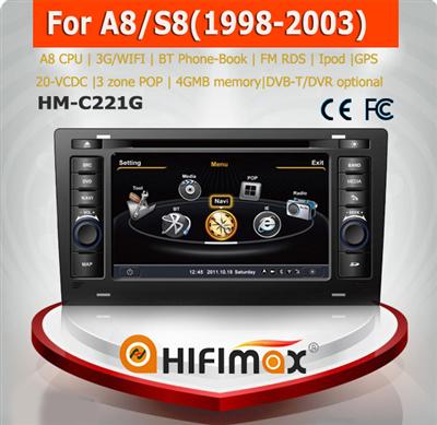 Hifimax 7 inch Car navigation DVD for Audi A8 S8 (1994-2003) - A8 Chipset HD 1080P 20 DISC V-CDC Support DSP Audio System