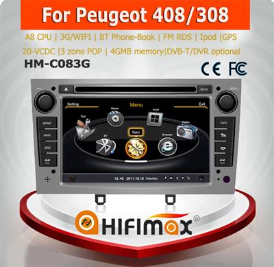 Hifimax car navigation FOR Pegueot 408 / 308 WITH A8 CHIPSET DUAL CORE 1080P V-20 DISC WIFI 3G INTERNET DVR