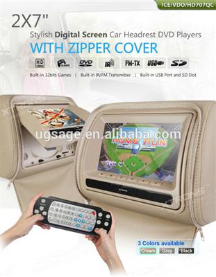 Xtrons HD707Q 2X7" Stylish Digital Screen Car Headrest DVD Player with Zipper Cover