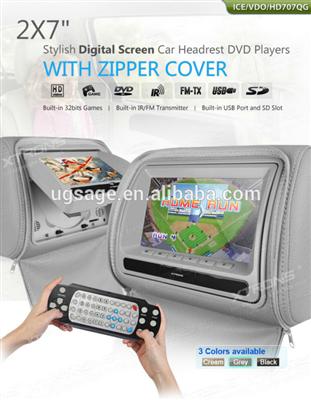 2X7" Stylish Digital Screen Car Headrest DVD Player with Zipper Cover-Xtrons HD707Q