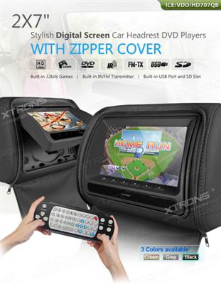 2X7" Stylish Digital Screen Car Headrest DVD Player with Zipper Cover suppotr game