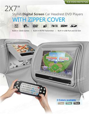 2X7" Stylish Digital Screen Car Headrest DVD Player with Zipper Cover