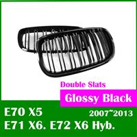 Free shipping Double Slats Glossy Black for BMW X5 X6 grill E70 E71 E72 2007 2013