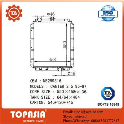 TOPASIA Auto Radiator For MITSUBISHI CANTER 3.5 MT OEM: MC127000/ME299316 CORE SIZE:550*458*36