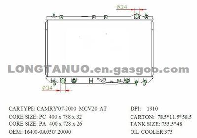Auto Parts Radiator For CAMRY'97-00 MCV20 ES300 DIM：400*718*16/26 OEM: 16400-0A060/20090 DPI 1910/2324 AT