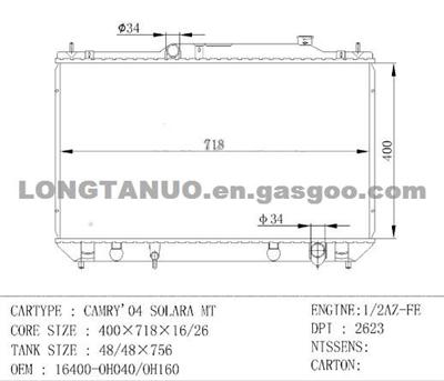 Auto Parts Radiator For CAMRY'04 SOLARA DIM：400*718*16/26 OEM: 16400-0H040/0H160 DPI 2623 MT