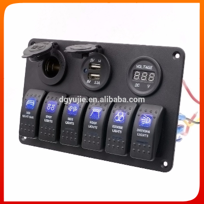 Marine/Boat Car Switch Panel 6 Gang with Dual USB Socket and a digital Volmeter& Cigarette Socket 5pin On/off Rocker Switch