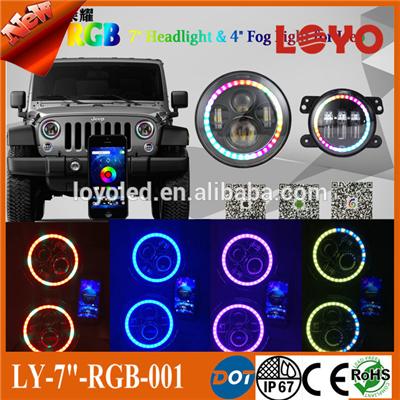 Hottest 7inch LED Headlight Bluetooth Phone APP Control 7 inch round Jeep RGB halo ring led headlights