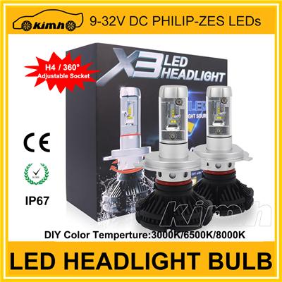 KIMH supplier 50W 6000LM X3 led headlight, IP67 waterproof LUMILEDS ZES 25W 3000LM H4 HB2 car led headlight h4