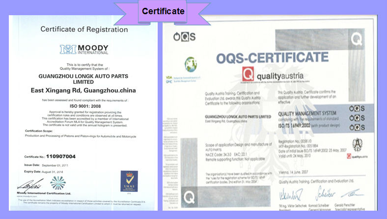 Certificate for auto parts