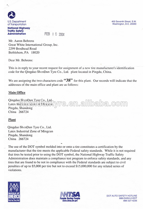 DOT CERTIFICATE page1 -shenduntyre